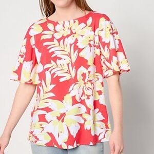 Denim & Co. Hawaiian Printed Boatneck Blouse with Flutter Sleeve size 2X